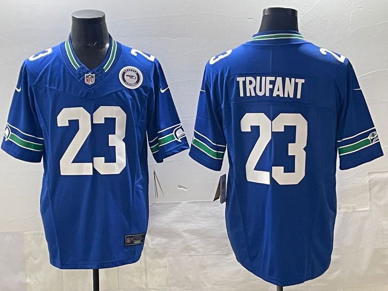 Men 2025 Seattle Seahawks #23 Trufant Blue retro Three generations Nike Limited NFL Jersey style 2